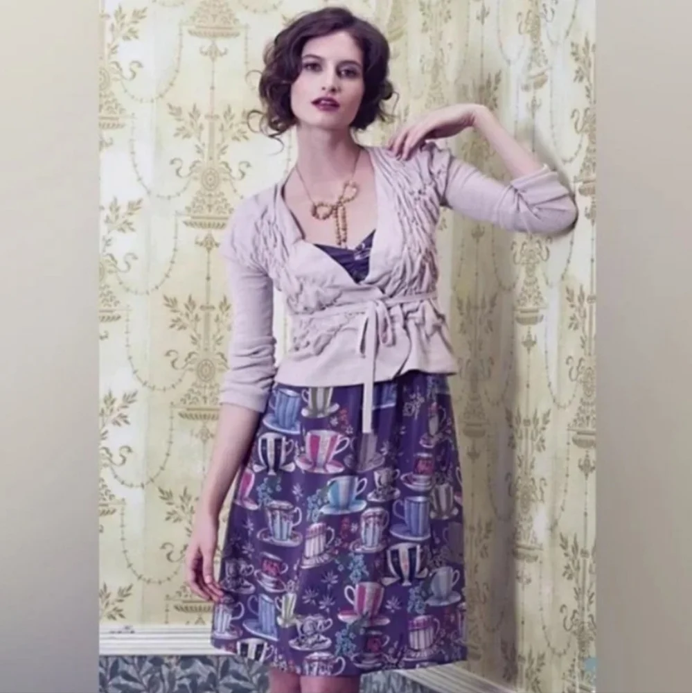 Anthropologie Dress By FLOREAT Teacup Print Purple Silk "Sugar & Cream Dress" - Picture 2 of 16